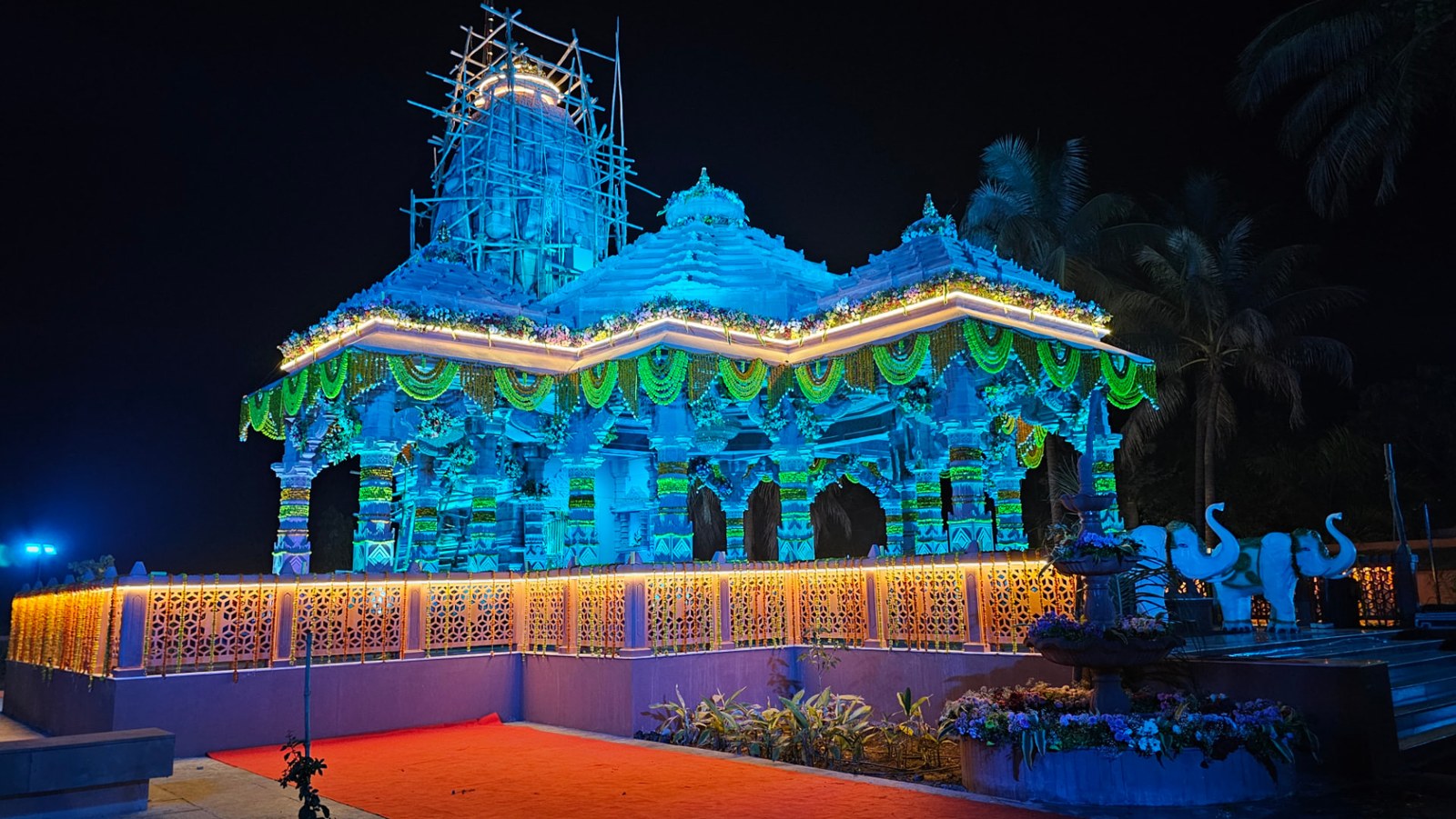 Temple Pratishtha Decorative & Blue Façade Lighting – temple façade lighting project